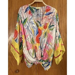 Casting Made in France Tunic Cover Up Wm 2 L Tropical Faux Wrap Sheer‎ Oversized